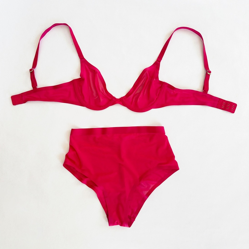 Share  NWOT CUUP dahlia pink plunge bra mesh tap panty underwear bikini bottom 3